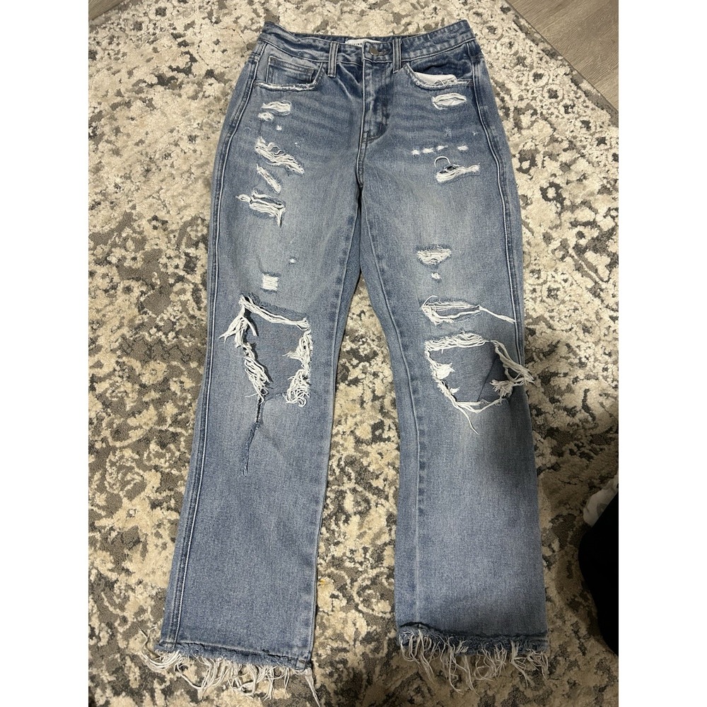 Flying Monkey Women's Distressed Light Wash Ultra High Rise Straight Jeans 25